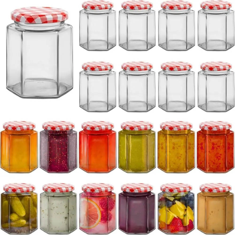 Transparent Hexagonal Glass Bottle Seal Storage Jar Small Glass Jars with Red Gingham Lids Airtight Pickle Jars Jam Jars H