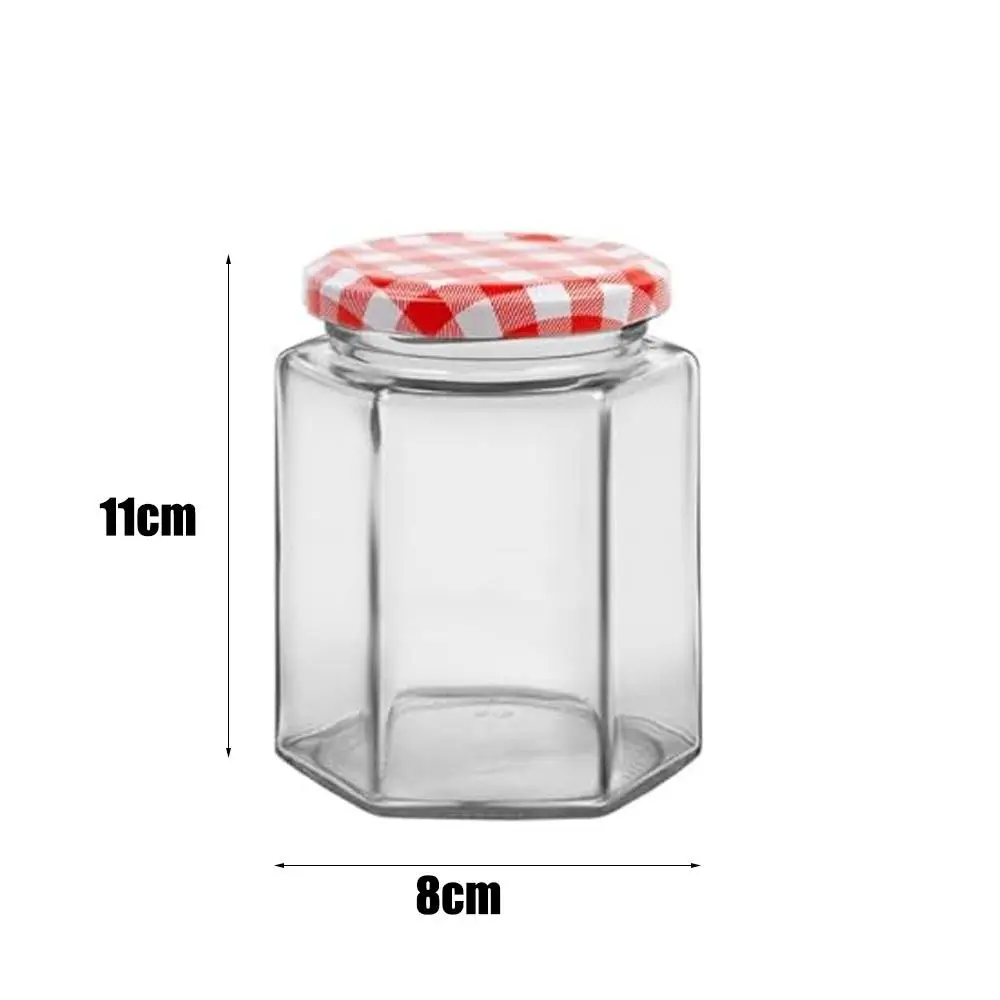 Transparent Hexagonal Glass Bottle Seal Storage Jar Small Glass Jars with Red Gingham Lids Airtight Pickle Jars Jam Jars H